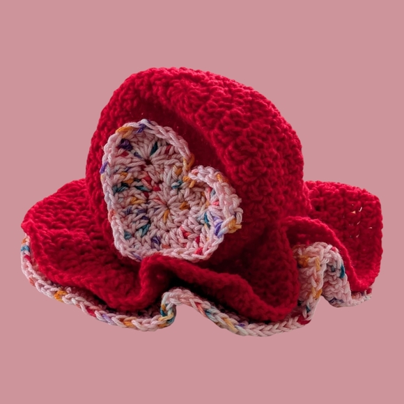 Handmade Red and Pink Crochet Ruffle Hat - Picture 2 of 6